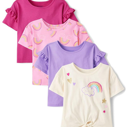 The Children's Place Baby Girls' and Toddler Short Sleeve Everyday Casual Knit Shirt, Rainbow 4-Pack, 12-18 Months