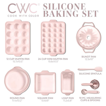Cook with Color 17 Pc. Silicone Baking Pan Set - Non-Stick & Easy Clean Silicone Muffin Pans for Baking with Sturdy Metal Frame for Stability, Flexible Cake Molds, Includes Measuring Cups and Spoons