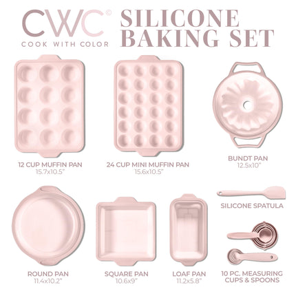 Cook with Color 17 Pc. Silicone Baking Pan Set - Non-Stick & Easy Clean Silicone Muffin Pans for Baking with Sturdy Metal Frame for Stability, Flexible Cake Molds, Includes Measuring Cups and Spoons