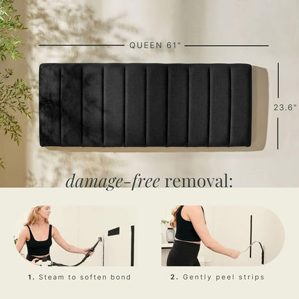 Hearth & Harbor Upholstered Queen Headboard - Easy Assemble Channel Stitched Headboard Queen Size - Wall Mounted Headboards with 3D Soundproof Wall Panels Peel & Stick Floating Headboards, Black