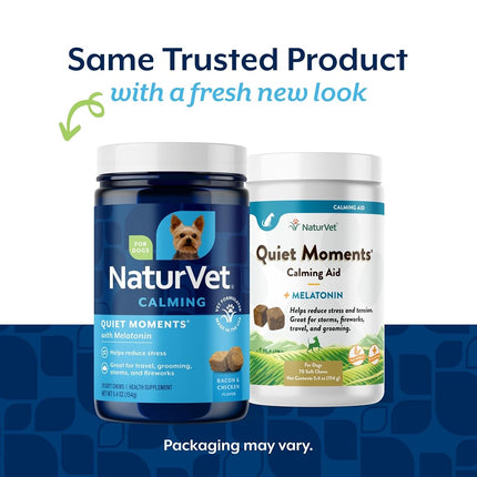 NaturVet Quiet Moments Calming Dog Supplement, Dog Soft Chews with Melatonin to Help Reduce Stress from Storms, The Vet, Fireworks, and Travel, Bacon and Chicken Flavored Pet Supplement, 70 Count Jar