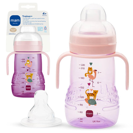 MAM Plastic Trainer Cup (1 Count), 8 oz. Trainer Drinking Cup with Extra-Soft Spout, Spill-Free Nipple, and Non-Slip Handles, for Girls 4+ Months, Designs May Vary