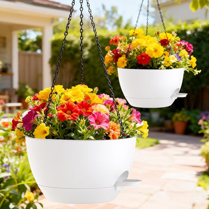 SQKH 10 Inch Hanging Baskets 2 PC with Chains, Self-Watering Hanging Planters for Indoor Outdoor Plants, Plastic Hanging Flower Pots,White