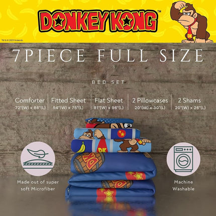 Franco Collectibles Nintendo Donkey Kong Gaming Bedding 7 Piece Super Soft Reversible Comforter and Sheet Set with Sham, Full, (Officially Licensed Product)