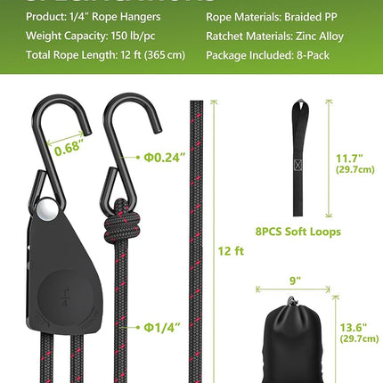 Kayak Straps Tie Downs 8 Pack Set, Roof Rack Straps Adjustable Ratchet Tie Down Straps with Lock S Hooks, 1/4 Inch 12 Feet Ratchet Straps for Small Cargo, Kayak-Soft Loops, Packing, Camping Gear
