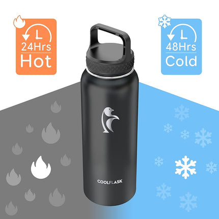 Water Bottle 32 oz Insulated with Straw, Coolflask Stainless Steel Metal 3 Lids Water Flask Wide Mouth for Sports or Office, Non-BPA Keep Cold Up to 48 Hrs or Hot Up to 24 Hrs, Ombre Black/Gray
