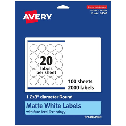 Avery Matte White Round Labels with Sure Feed, 1-2/3" Diameter, 2,000 Matte White Printable Labels