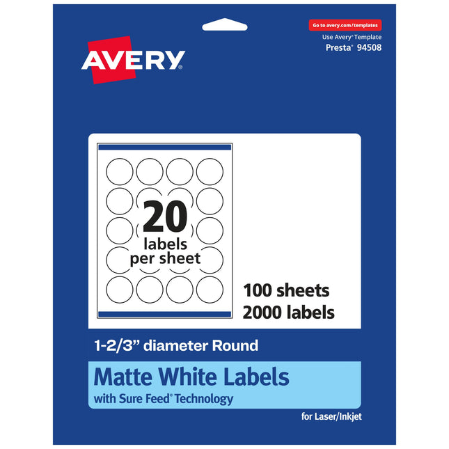 Avery Matte White Round Labels with Sure Feed, 1-2