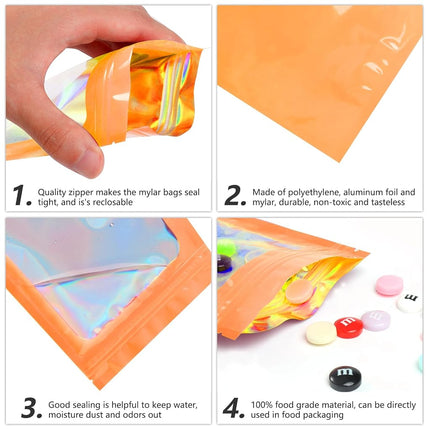Funfery 100 pcs Mylar Holographic Bags Packaging Bags, Resealable Odor Proof Bag Foil Pouch Zipper Bag for Food Storage (Orange, 6.3 x 9.4 Inch)