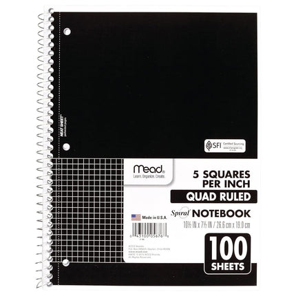 Cuaderno de espiral Mead, 1 materia, papel cuadriculado, 7-1/2" x 10-1/2", 100 hojas, negro (05676AA5)