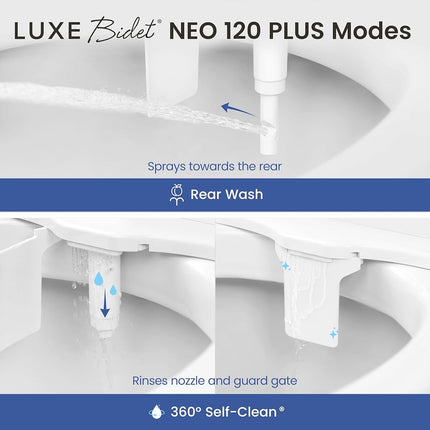 LUXE Bidet NEO 120 Plus - Single Nozzle, Non-Electric Bidet Attachment for Toilet Seat, Patented Slide-In Install, 360° Self-Clean, EZ-Lift to Clean, Rear Wash (White)