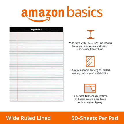 Amazon Basics Legal/Wide Ruled 21.6 cm by 29.8 cm Legal Pad, White (50 Sheet Paper Pads, 12-Pack)