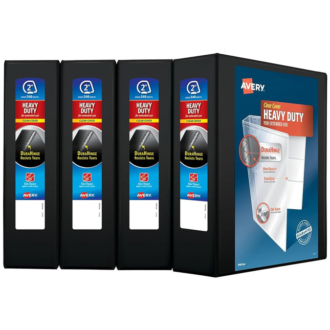 Avery Heavy Duty View 3 Ring Binder, 2" One Touch Slant Ring, Holds 8.5" x 11" Paper, 4 Black Binders (79872)