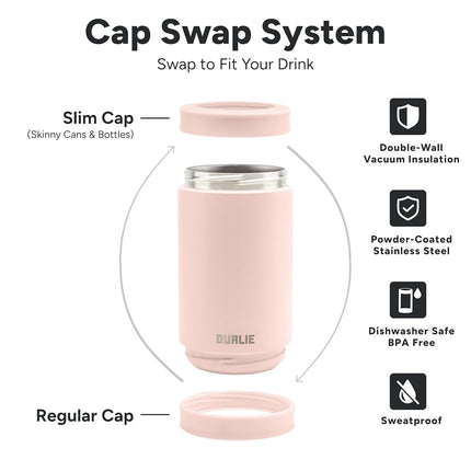 DUALIE 3 in 1 Insulated Can Cooler - Universal Size for 12 oz Cans, Slim Cans, and Bottles - Rose