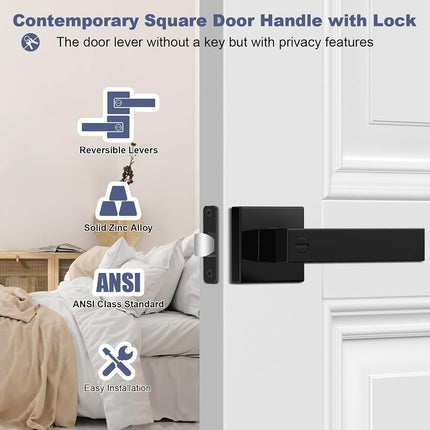 Estmoon 2 Pack Privacy Door Levers Door Handle Matte Black Interior Door Knobs Keyless Door Locks for Bedroom or Bathroom, Left or Right Handing Levers