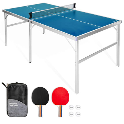 GoSports 6 ft x 3 ft Mid-size Table Tennis Game Set - Indoor/Outdoor Portable Table Tennis Game with Net, 2 Table Tennis Paddles and 4 Balls - Blue