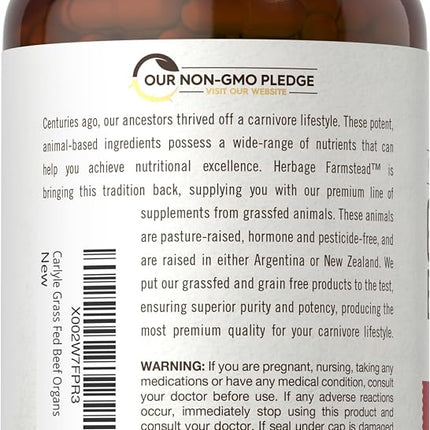 Grassfed Beef Organs Capsules 3250mg | 200 Count | Desiccated Liver, Kidney, Pancreas, Heart, Spleen Supplement | Non-GMO, Gluten Free | by Herbage Farmstead
