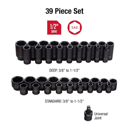 Sunex 2668, 1/2 Inch Drive Master Impact Socket Set, 39-Piece, SAE, 3/8" - 1-1/2", Standard/Deep, Cr-Mo Steel, Heavy Duty Storage Case, Includes Universal Joint
