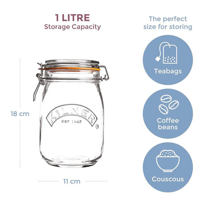 Kilner Clip-Top Storage Jar, 1 Litre, Airtight, Glass, for Fruit, Vegetables, Coffee, Tea, Flour