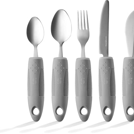 (Grey) - Adaptive Utensils (4-Piece Kitchen Set) Wide, Non-Weighted, Non-Slip Handles for Hand Tremors, Arthritis, Parkinson's or Elderly use Stainless Steel Knife, Fork, Spoons - Grey