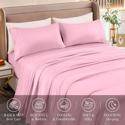 Elegant Comfort Luxurious 4-Piece Silky Satin Sheet Set, Skin and Hair Friendly, Wrinkle, Fade, Stain Resistant with Deep Pockets Fitted Sheet, Cooling Soft Satin Sheet Set, Twin, Light Pink