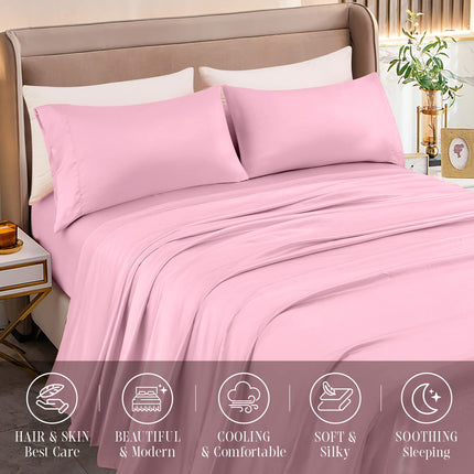 Elegant Comfort Luxurious 4-Piece Silky Satin Sheet Set, Skin and Hair Friendly, Wrinkle, Fade, Stain Resistant with Deep Pockets Fitted Sheet, Cooling Soft Satin Sheet Set, Queen, Light Pink