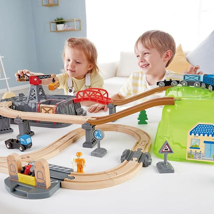 Sustainable Wood Toy Train, Hape Railway Bucket 50-piece Builder Set With Railway Tracks, 1 Railwayman, 1 Signal Box, 1 Truck, 1 Crane. 3 years +