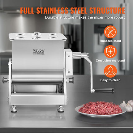 VEVOR Manual Meat Mixer, 40L Tilt Tank – Heavy Duty Stainless Steel Hand Mixer for Ground Beef & Sausage, Max 60lb Mixing Meat Capacity, with Gear Box and Lid Handle