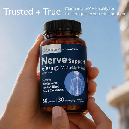 Premium Nerve Support Supplement – with Alpha Lipoic Acid (ALA) 600 mg, Acetyl-L-Carnitine (ALC) & Benfotiamine - Nerve Support Formula for Healthy Circulation, Feet, Hands & Toes - 60 Capsules