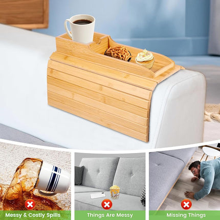 Abizarch Bamboo Sofa Armrest Tray Table - Foldable Couch Cup Holder,Anti-Slip Side Table Armrest Clip Tray, Multifunctional Couch Organizer, Drink Snack Remote Control Holder
