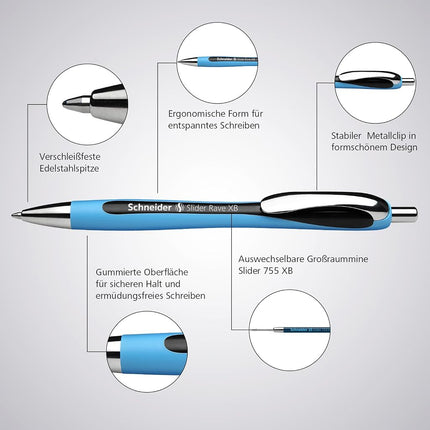 Schneider Slider Rave XB (Extra Broad) Ballpoint Pen, Refillable + Retractable, 1.4 mm, Light Blue Barrel, Red Ink, Box of 5 Pens (132502)