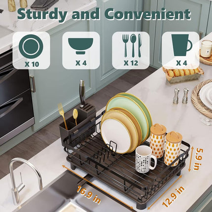 AIDERLY Iron Dish Drying Rack with Drainboard Dish Drainers for Kitchen Counter Extendable Spout Strainers with Utensil Holder and Knife Slots, Brown