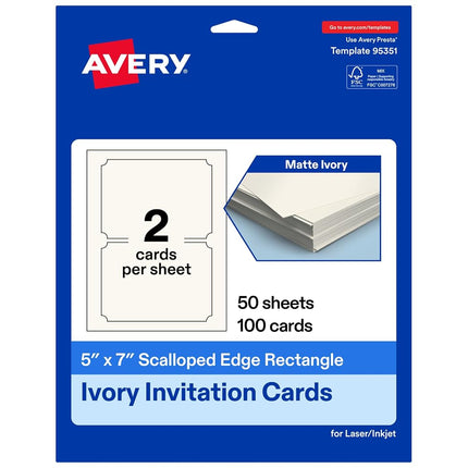 Avery Printable Rectangle Cards with Scalloped Edges, 5" x 7", Matte Ivory Cardstock, Laser & Inkjet Printable, 100 Total, Great for Invitations, Thank You Messages, and More