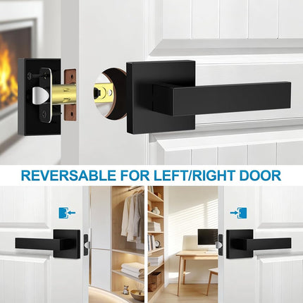 Plustool 1 Pack Matte Black Door Handles, Passage Door Levers for Hallway & Closet, Interior Keyless Door Knobs Heavy Duty Square Non-Locking Handlesets, Reversible for Left & Right Sided Doors
