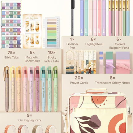 WEMATE Large Capacity Bible Cover Case,76 PCS Bible Study Supplies,15 No Bleed Bible Highlighters, Ballpoint Pens, Washi Tapes, Tabs, Sticky Notes, and Prayer Cards,‎Multicolor Bible Kits