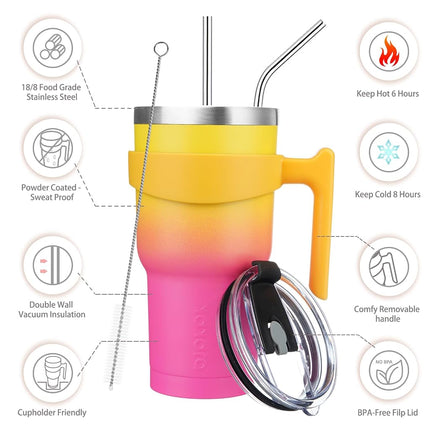 BJPKPK Vaso con asa y tapa con popote de 887 ml, de acero inoxidable, con aislamiento, para café, para el hogar, la oficina o el automóvil, rosa y amarillo rosa