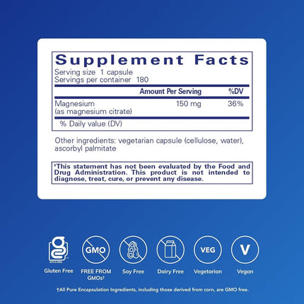 Pure Encapsulations Magnesium (Citrate) | Supplement for Sleep, Heart Health, Muscles, and Metabolism* | 180 Capsules