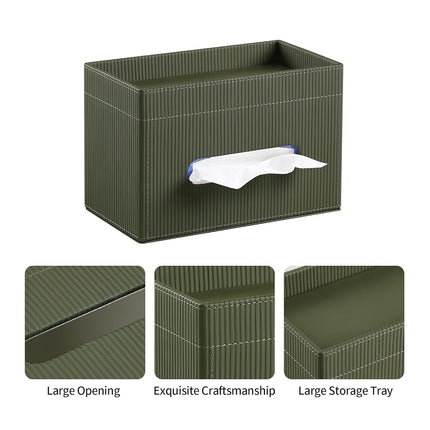 Cretkhp Rectangular Tissue Box Cover with Storage Tray, PU Leather Tissue Box Holder for Bathroom Vanity Countertop Night Stands Bedroom Office Desk, Stylish Tissue Holder Decorative Organizer (Green)