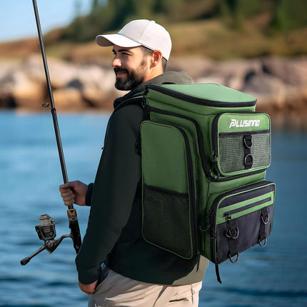 PLUSINNO Fishing Backpack with Rod Holders, 42L Large Water-Resistant Tackle Bag for Fishing, Camping, Hiking, Gifts for Men, Green