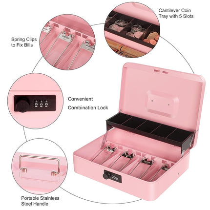 Cash Box with Money Tray and Combination Lock, Metal Money Box for Cash Register, Tiered Lock Box for Money 11.8" x 9.4" x 3.54" Pink
