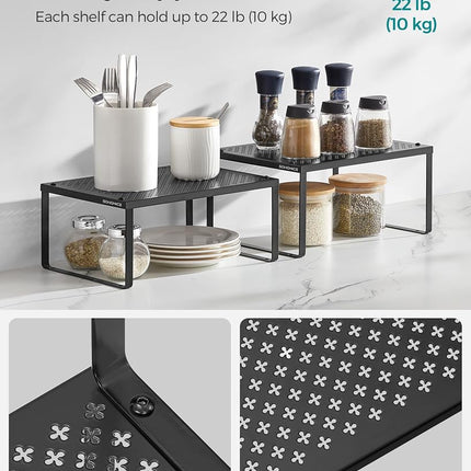 SONGMICS Spice Racks, Set of 2 Metal Cabinet Shelf Organizers, Countertop Organizers, Shelf Risers, Stackable, Expandable, Ink Black UKCS001B01