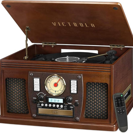 Victrola Nostalgic Aviator Wood 8-in-1 Bluetooth Turntable Entertainment Center, Espresso
