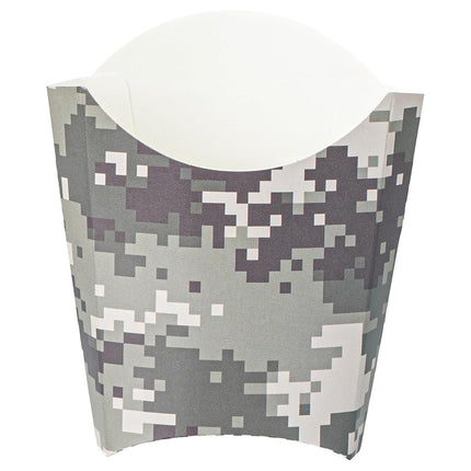 Bio Tek 3.9 x 2.6 x 3.5 Inch French Fry Cup, 100 Disposable Snack Cups - Stackable, Sustainable, Camouflage Paper 2 Ounce Fry Holder, For Fries, Onion Rings, Popcorn, or Cookies - Restaurantware