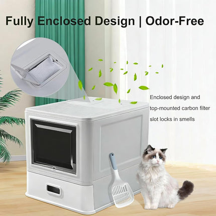 Marchul Enclosed Stainless Steel Cat Litter Box with Lid & Drawer Design for Indoor All Lifestyles Cats, Metal Covered Cat Litter Box, Baffles for Anti-Leakag, with Litter Scoop & Litter Mat