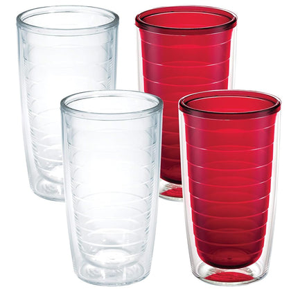 Tervis Clear & Colorful Tabletop Fabricado en EE. UU. Vaso aislante de doble pared para viajes, mantiene las bebidas frías y calientes, 4 unidades de 16 oz, transparente y rojo