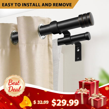 TONIAL1 Inch Double Curtain Rods for Windows 48 to 84 Inches, Heavy Duty Decorative Drapery Rod 32 to 86 Inches with Classic Cap Finial, Black