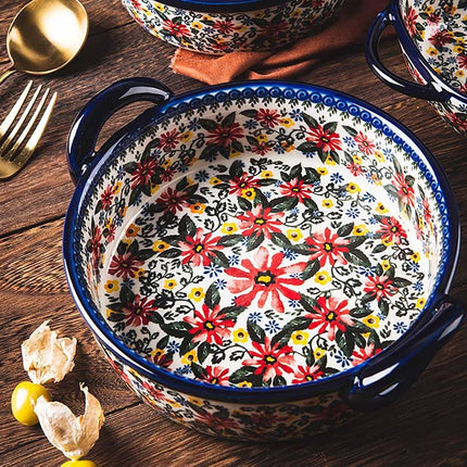 Bicuzat Red Daisy Flower Vintage Style Ceramic Bakeware Casserole Dish Baking Pan Lasagna Pans Baking Dish with Handles for Oven/Cooking/Kitchen-1 PCS, 32 OZ