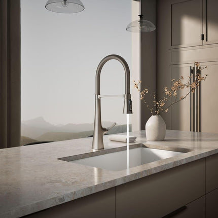 Kohler 22060-VS Graze Commercial, 3 Function Tall Semi-pro Kitchen Sink Faucet with Pull Down Sprayer, Vibrant Stainless