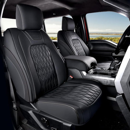 Fundas de asiento de cuero Coverado, juego completo, aptas para Ford F150 F250 F350 F450, fundas de asiento impermeables para Ford F150, aptas para F150 2015-2025 y F250 F350 F450 2017-2025 (Negro)