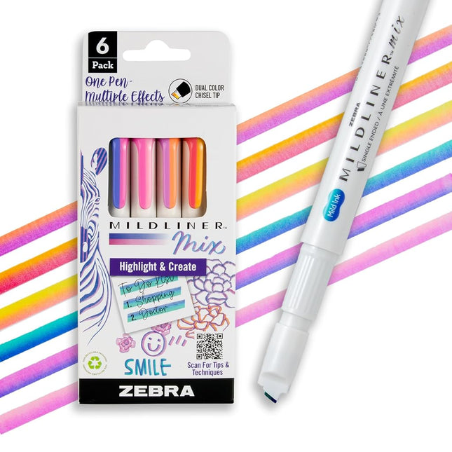 Zebra Pen Mildliner Mix Dual Color Highlighter Marker Set, Chisel Tip, Non-Bleached Mixed Colours, Pack of 6